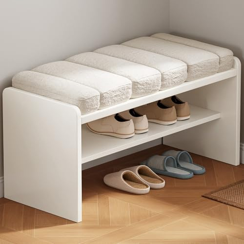 Miuuod Shoe Bench, Storage Bench, Entryway Bench with Cushion, Shoe Shelf with Seat, Space-Saving, Modern Style, for Living Room, Bedroom, Hallway, 47.2cm H, Cream white