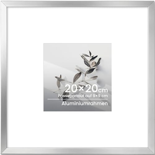 Bilderrahmen 20x20, Aluminium Quadratisch Fotorahmen Mit gehärtetem Glas, Für 20x20 cm-Fotos ohne Passepartout oder 9x9 cm-Fotos mit Passepartout, Metall Schmal Rahmen für Kunstwerke & Poster, Silber