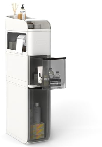 COSTWAY Badrollwagen, Nischenschrank schmal mit 2 Schubladen, Taschentuchbox & oberem Regal, Badezimmerschrank Kunststoff mit Rollen, Aufbewahrungsschrank für kleine Räume, 18 x 43 x 88 cm (Weiß)