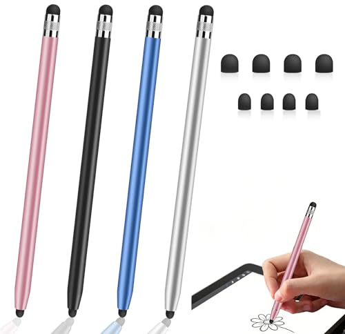 HAPPOW Pack of 4 Tablet Pens for iPhone/Samsung/Android/iOS, Tablet Pen for All Tablets/Smartphone, with 8 Rubber Tips, Smooth and Responsive (Silver/Pink/Black/Blue)