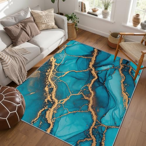 PaxGloz Teppich Türkis Gold - Teppiche Wohnzimmer Schlafzimmer Petrol Blau, Kleiner Teppich Modern Abstrakt, Weich Kurzflor & Waschbar & rutschfest Fussmatte Innen, Kinderteppich 80x150 cm