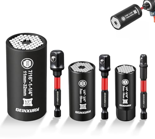 GEINXURN 6Pieces Universal Socket Set (5-14 mm, 7-19 mm, 11-32 mm), CR-V Socket Wrench with Impact Socket Adapter(1/4, 3/8, 1/2), Universal Socket for Screws, Nuts, and Bolts