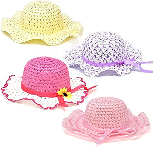 Gift Boutique 4 Girl Tea Party Hats Girls Straw Hat for Kids Costume Easter Princess Toddler Children's Birthday Supplies in Light Pink Hot Pink Yellow and Purple Colors