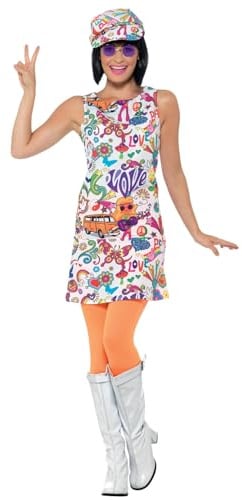 Smiffys 60's Groovy Chick Costume, Multi-Coloured with Dress & Hat, 1960's Groovy Fancy Dress, 1960s Dress Up Costumes