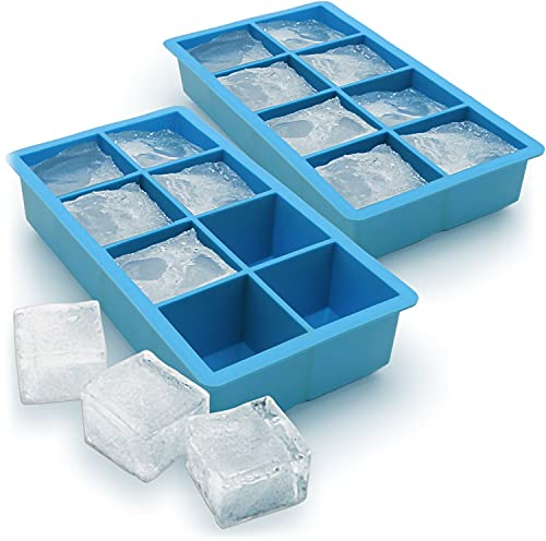 iGadgitz Home U6796-KIT Silicone Ice Cube Tray 8 Extra Large Square Food Grade Jumbo Ice Cube Moulds - Blue - Pack of 2