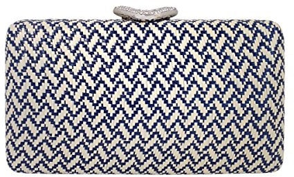 Chevron Raffia Straw Box Clutch with V Ornament blue Size: S
