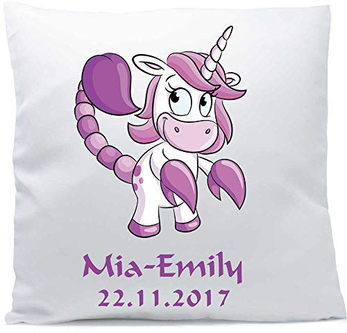 SL-Store GbR personalisiertes Kissen mit Namen und Wunschtext ★ Sternzeichen ★ Einhorn pink ★ 40x40 cm inkl. Füllung ★(Skorpion, Vorderseite weiß/RS blau)