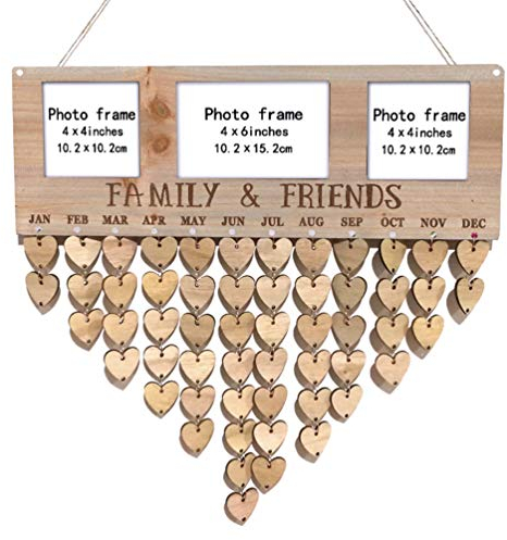 Vosarea Wohnkultur Family Friends Holz Geburtstagskalender mit Herz Holzscheiben Holzherzen Birthday Board Fotorahmen Hängedeko Wanddeko für Geburtstag Kalender Countdown DIY Wandkalender