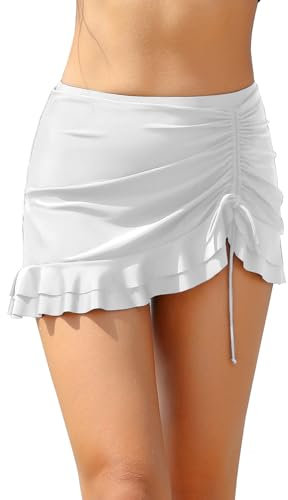 SHEKINI Donna Gonna da Nuoto Elegante Slim Gonna da Bagno Ruched Sportivo Costumi da Bagno Donna Costruito nel Bikini Pantaloni Gonna Corta Vestito da Spiaggia(M, Bianco)