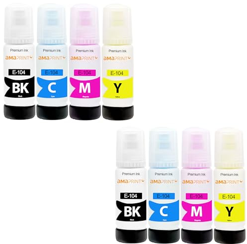Amaprint 8 XL Tinte kompatibel mit Epson 104 passend für EcoTank ET 1810 2710 2711 2712 2714 2715 2720 2721 2726 2810 2811 2812 2814 2815 2820 2821 2825 2826 4700 4800 (8 x 70ml)