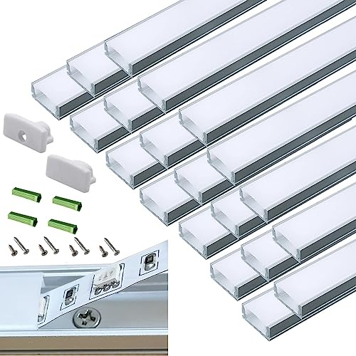 20-Pack Pre-Drilled Countersunk Hole 3.3FT/1 Meter LED Strip U Channel Diffuser, Hacksaw Easy Cut Tight and Flush Mounted Under Cabinet Tape Light Aluminum Low Profile with Screw and End caps (20)
