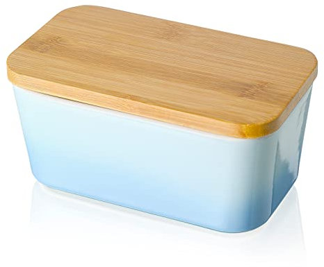Butterdose Porzellan, Candiicap Butterschale mit Holzdeckel, Keramik Butterdose mit Silikon-Dichtlippe für Alle Arten von Butter (Himmel Blau)