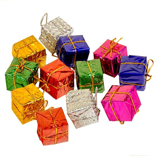 Shiny Mini Box Ornaments, 24 Pieces of Metal Foil Wrapped Christmas Tree Decorations