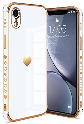 Urarssa Cover Compatibile con iPhone Xr Custodia Oro Amore Cuore Custodia per Donne Morbid TPU Silicone Antiurto Cover con protezione fotocamera per iPhone Xr Bianco