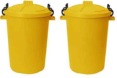 M1SS (Set of 2) Heavy Duty Plastic Clip Lock Lid Bin Indoor or Outdoor Rubbish, Dustbin, Trash, Waste or Storage of Animal Feed. (Yellow), 50L