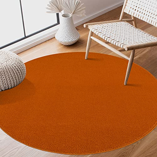 SANAT Kurzflor Teppich Wohnzimmer - Uni Modern Teppiche fürs Schlafzimmer, Arbeitszimmer, Büro, Flur, Kinderzimmer und Küche - Orange, 200 cm Rund