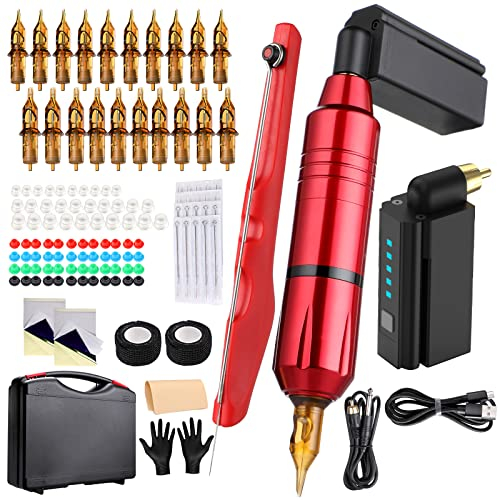 HAWINK Wireless Tattoo Machine Rotary Pen Kit Hand Poke a Stick 20pcs Tattoo Nadeln Cartridge Tattoo Grip Tape Wrap mit Koffer RNP28KITP199-2