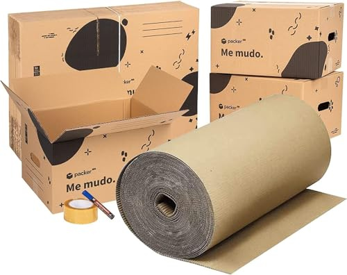 packer PRO Packung Mudanza Eco mit 5 Kartons aus Karton, 60 x 40 x 40 cm, 10 Kartons, 43 x 30 x 25 cm, Klebeband, Rolle aus Wellpappe, 90 cm x 25 m, permanenter Marker