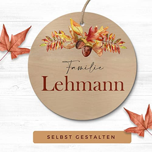 Holz Namensschild Familienschild Türschild Herbst - Personalisierte Herbstdeko Tür Haustür outdoor & indoor - Deko Herbst zum Aufhängen - Herbst Schild als Türdeko Fensterdeko hängend