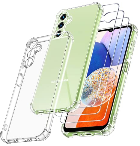 ivoler [4 en 1 Coque pour Samsung Galaxy A14 4G / A14 5G avec 3 Pièces Protection Écran en Verre Trempé, Transparent Étui de Silicone Antichoc, Clair Mince Souple TPU Bumper Housse