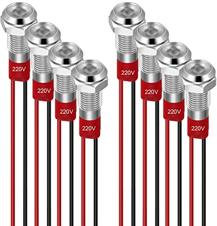 GUUZI 8pcs 6mm Indicatore LED 220-230V Indicatore Luminoso Impermeabile Pannello in Metallo Indicatore LED Indicatore Luminoso Montaggio a Pannello Testa Piatta con Fili Guscio Argento (Bianco)