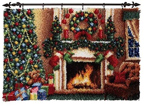 Latch Hook Kit for Adults & Kids Complete DIY Rug Making Craft Kits with Yarn & Canvas and Crochet Needle, Adult Craft Kits for Women, Relaxing Home Art Project - Christmas Fireplace 60x40cm