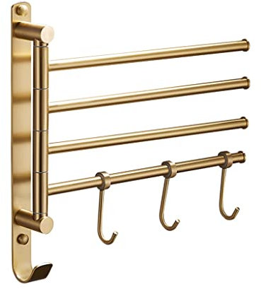 Brushed Brass Swing Out Towel Bar Ladder with Hook Hanger & 4 Arm, Swivel Foldable Towel Rack, Wall Mounted Hand Towel Holder for Bathroom