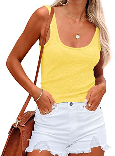 NONSAR Damen Shirts Ärmellose Sommer Tops Elastische Tank Top Slim Fit Unterhemden Damen(9356XL,Gelb)