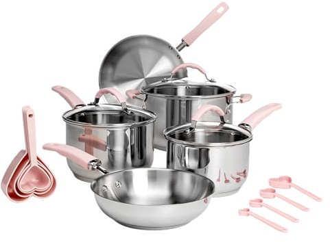 Paris Hilton Stainless Steel Pots and Pans Set with Stay-Cool Pink Handles, Tempered Glass Lids, Bonus Heart Shaped Measuring Cups and Spoons, Dishwasher Safe Cookware, 10-Piece Set