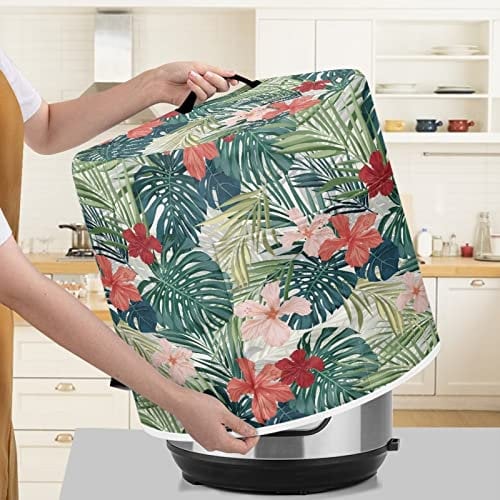 Poceacles Hibiscus Flowers Palm Leaf Print Slow Pressure Cooker Dust Cover Portable Cover for 6 qt Instant Cooker Soup Pot Rice Cooker, M