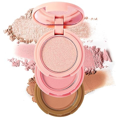 Erinde Evidenziatore, Bronzer & Blush Powder Palette, Matte Shimmer Powder Makeup, Palette viso con specchio tutto in uno, miscelabile, adatto ai viaggi, cruelty free, 3 colori