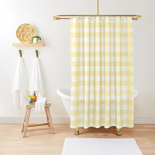 ZGDPBYF Rideau de douche en tissu imperméable avec crochets Motif vichy jaune pastel 150 x 180 cm