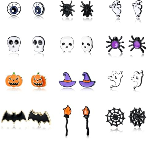YADOCA 12Paar Hypoallergene Halloween Ohrringe für Damen Teenager Mädchen Halloween Ohrstecker Kürbis Katze Spinne Fledermaus Geist Gruselige Ohrringe Halloween Schmuck