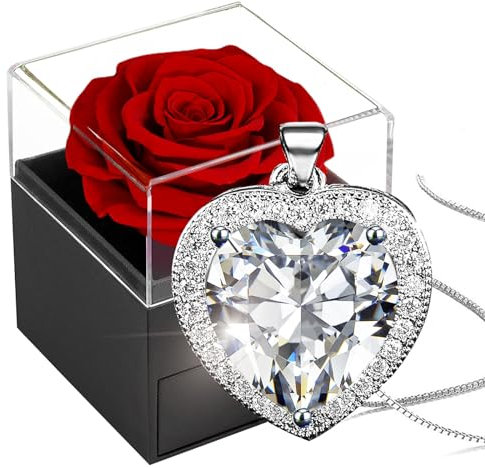 Preserved Real Rose with Crystal Necklace,Forever Red Rose with Cubic Zirconia Heart Necklace,925 Sterling Silver Bithstone Pendant in Eternal Rosebox,Infinity Gift for Her On Christmas valentine