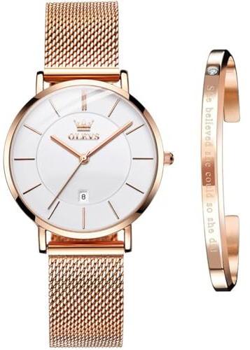 OLEVS Femmes Montres Luxe Or Rose - Montre légère en Acier Inoxydable Mesh - Bracelet élégant étanche pour Femmes avec Bracelet réglable
