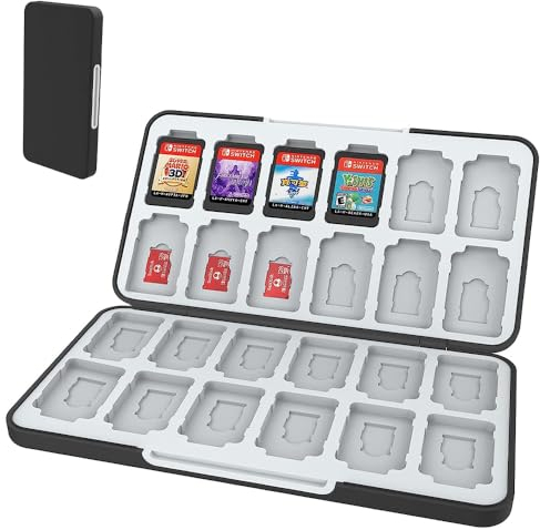 Game Card Aufbewahrungsbox für Switch, Game Memory Card Storage, Spiele Aufbewahrung für Switch mit 24 Game Card Slots Weiches Silikon Futter Magnetverschluss für Spiele SD der Schwarz