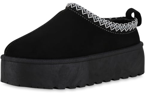 VAN HILL Damen Hausschuhe Pantoffeln Warm Gefüttert mit Plateau Prints Profilsohle