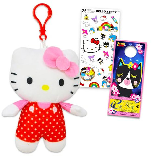 Hello Kitty Ensemble de porte-clés en peluche – Ensemble avec porte-clés en peluche Hello Kitty pour enfants avec autocollants, plus | Clips de sac Hello Kitty