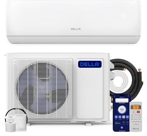 DELLA 9000 BTU Wifi abilitato Mini Split 19 SEER2 raffredda fino a 450 piedi quadrati, 115 V, compatibile con Alexa, aria condizionata e riscaldatore con pompa di calore preriempita (refrigerante R32