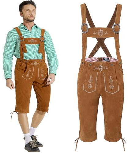 Adisno Lederhose Herren, Lederhose Herren Tracht, Männer Deutsch Bayerische Lederhosen mit Hosenträger Lange braune Set für Dress Up Party und Bierfest(46, Gelb-braun)