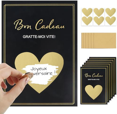 BETESSIN Lot de 6 Cartes à Gratter Bon Cadeau à Remplir soi-même avec Autocollants et Enveloppes Carte Surprise Personnalisée pour Annonce Grossesse Mariage Anniversaire Noël Saint-Valentin
