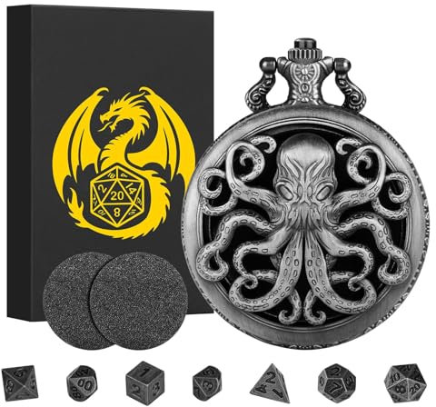 Mini DND Würfel Set, Steampunk Hohles Oktopus Taschenuhrgehäuse, 7-teiliges Polyedrisches Metall, D&D Würfel Set, DND Geschenke mit Geschenkbox, Rollenspiel Brettspiel Zubehör, Dunkel Silber