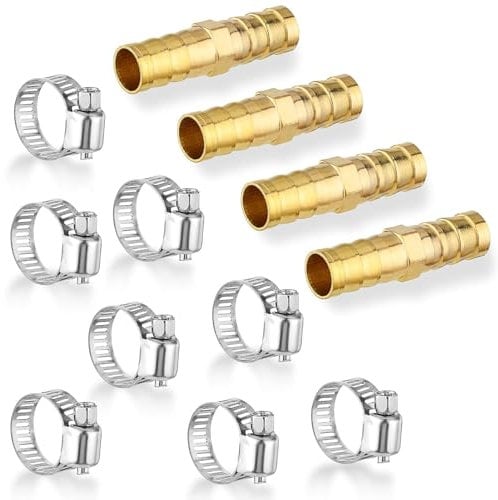 4 Pack 10mm Brass Barb Hose Fitting Straight Connector Coupler, Air Hose Connectors Hose Repair Kit, 2 Way Straight Air Hose Fittings with 8 PCS Stainless Steel Pipe Clamps for Water Fuel Air Gas