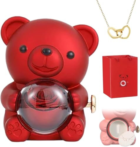 Eunmsi Engraved Heart Necklace with Real Rose Bear Giftbox,Preserved Rose Hug Bear Gifts for Women,Preserved Rose Gifts Set,Eternal Rose Flowers Flip Bear Jewelry Box,for Women's gifts (Red)