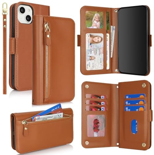 SailorTech for iPhone 13 Phone Case Wallet with Card Holder for Women, iPhone 13 Wallet Case with Credit Card Slots Flip Case Zipper Shockproof Case for Men - Brown