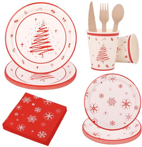 Juego de vajilla de Navidad desechable de 112 piezas, color rojo y blanco para 16 invitados, copos de nieve, adornos de árbol de Navidad, vasos de papel, platos, servilletas y cubiertos de madera para