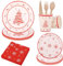 Juego de vajilla de Navidad desechable de 112 piezas, color rojo y blanco para 16 invitados, copos de nieve, adornos de árbol de Navidad, vasos de papel, platos, servilletas y cubiertos de madera para