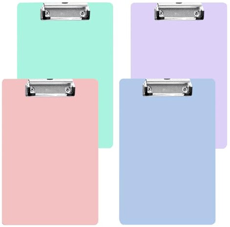Lot de 4 Support Feuille avec Pince A4, Clipboard A4 Plastique Planche Support Papier Bleu, Vert, Porte-Bloc A4 svec Pince Fixe Jusqu’à 100 Feuilles pour Bureau, Salle de Classe, le Restaurant