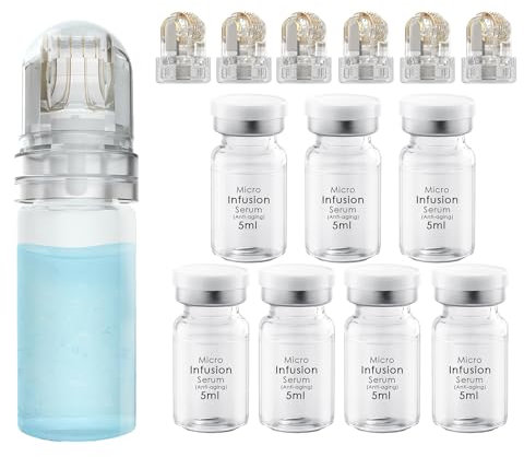 Microneedling Système de perfusion Micro Microneedle avec Hydra Roller 0,25 mm, 6 aiguilles de rechange et 7 ampoules de sérum anti-âge 5 ml, traitement anti-âge