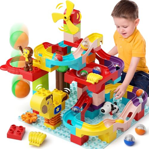 burgkidz Murmelbahn Bauklötze mit Tierfiguren und Ballschießen, 88-teiliges Bahnelemente Set Kugelbahn Konstruktionspielzeug Steine, STEM Pädagogisches Geschenk für Kinder ab 3 4 5 6 Jahre
